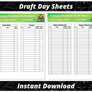 Peut inclure: Feuille de brouillon de fantasy football imprimable avec des sections pour les choix de draft, la composition d'équipe et la liste de surveillance des joueurs. La feuille est de couleur verte et noire avec le mot "Boosters" dans un logo.