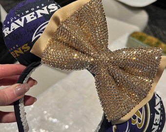 Baltimore Ravens NFL football mouse ears with gold glass rhinestones double satin minnie bow