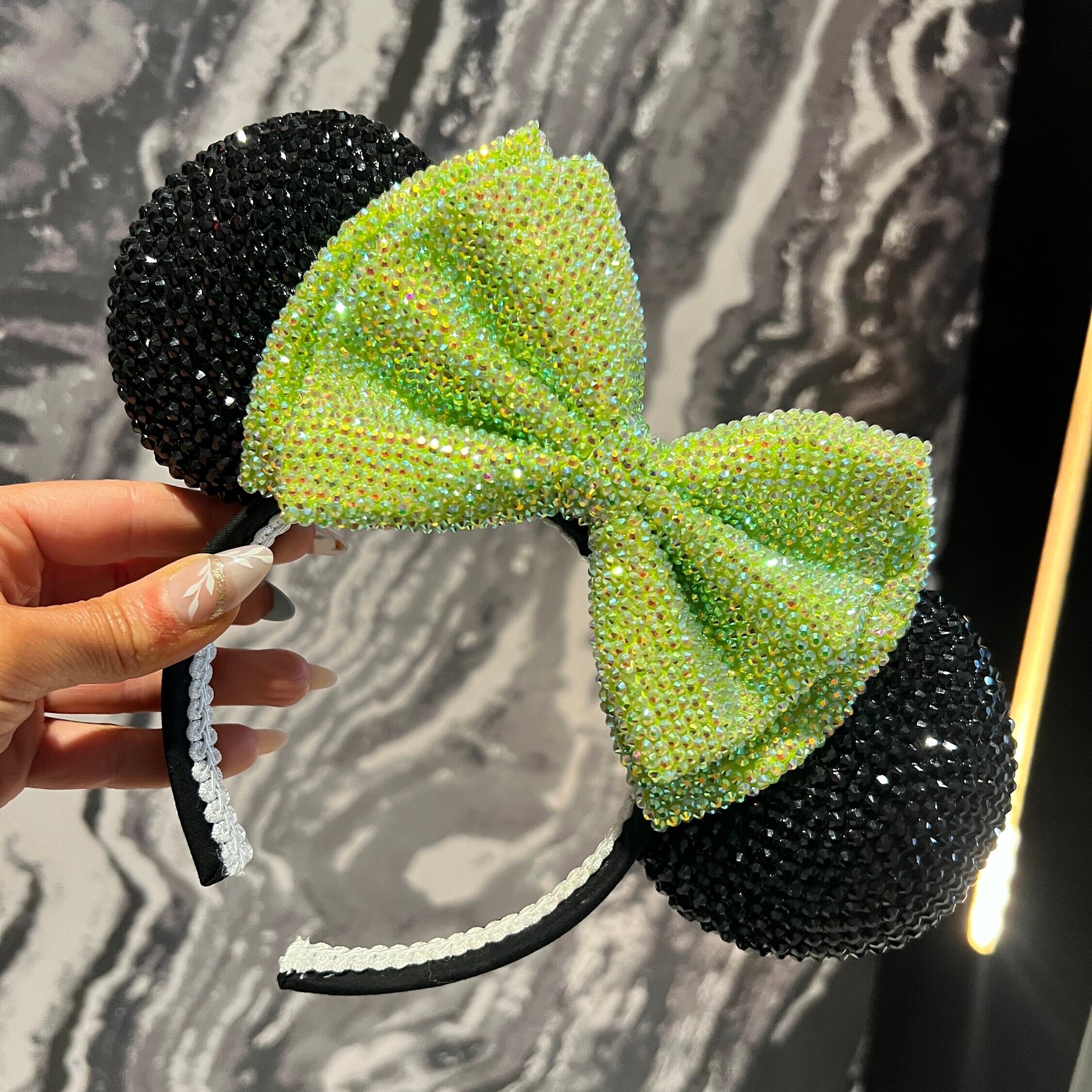 Handmade Embellished Lime Green Bow with Crystals Headband Green satin bow with embroidered crystals | Tétè Handmade  main image 3