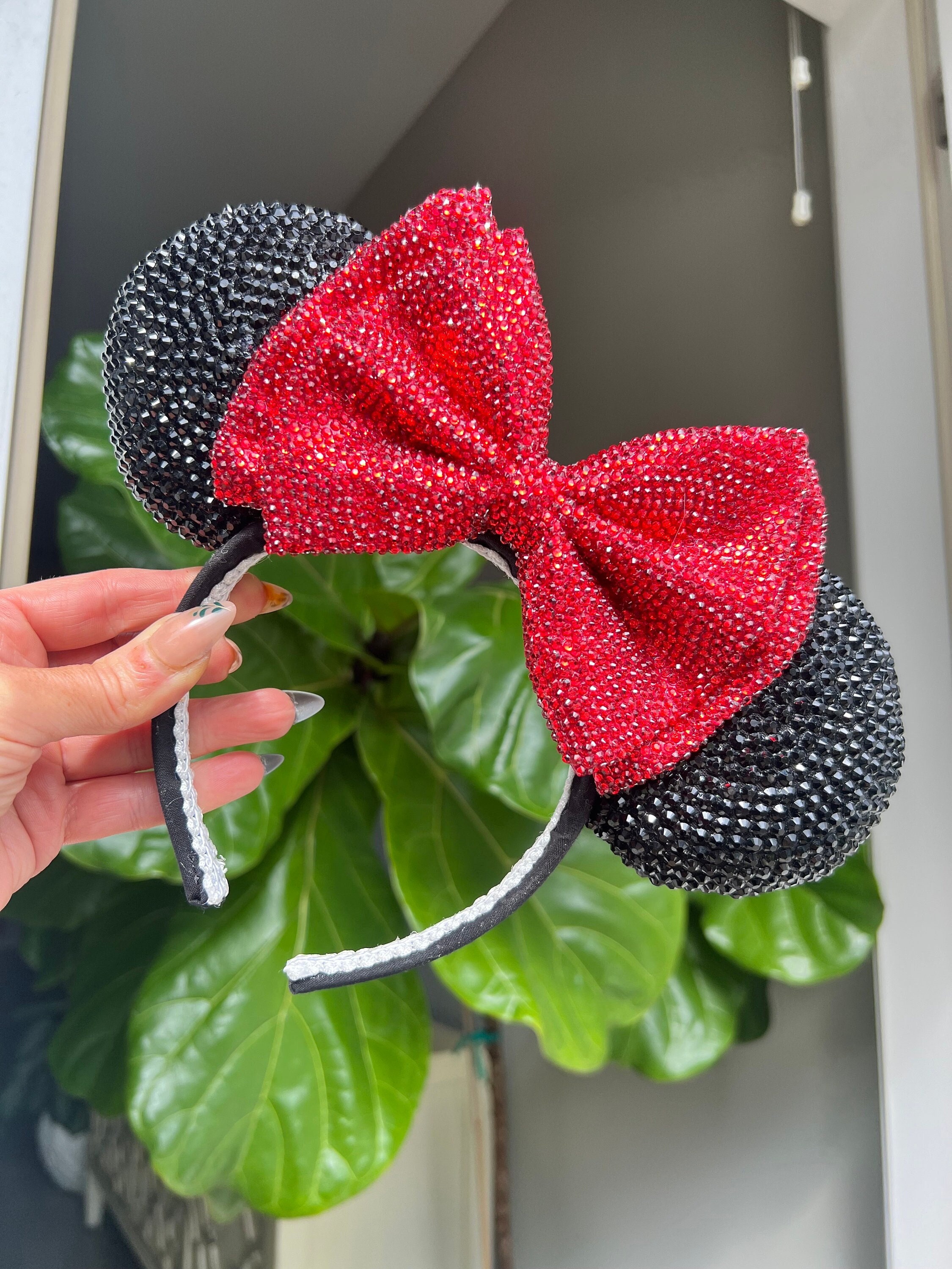 Handmade Rhinestone Mouse Ears | Black & Red Minnie Bow  display picture 1