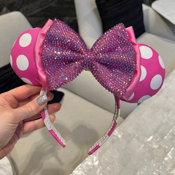 Pink Polka Dot Mouse Ears – Rhinestone Minnie Bow Headband  display picture 2