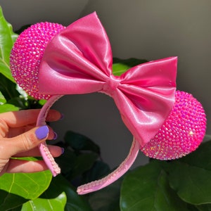 Hot Pink ears | pink satin minnie bow mouse ears | pink rhinestone ears | Barbie pink headband | sparkle ears