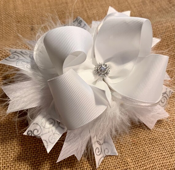 Handmade Black And White  Over The Top Ostrich Feather Boutique Hair Bows 