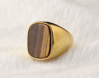Tiger Eye Stone Gold Signet Ring, 14K Gold Men Ring, 18K Gold Men Ring, Minimalist Gold Ring