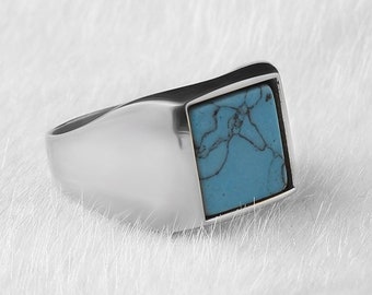 Turquoise Silver Signet Ring, Turquoise Stone Mens Ring, Gift for Him, Minimalist Silver Ring, Boyfriend Gift, Valentines Day Gift