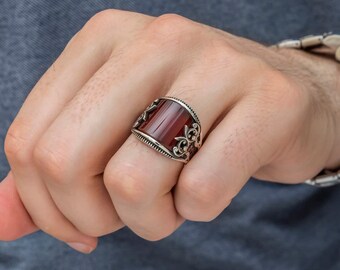 925 Sterling Silver Men's Ring with Carnelian Stone, Handmade Agate (Aqeeq) Stone Silver Ring, Gift for Him, Anniversary Gift, Gift for Men