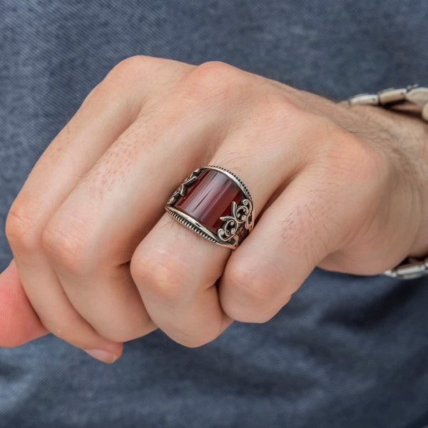 925 Sterling Silver Men's Ring with Carnelian Stone, Handmade Agate (Aqeeq) Stone Silver Ring, Gift for Him, Anniversary Gift, Gift for Men