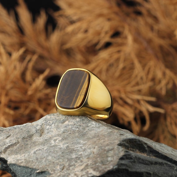 Men's Gold Signet Ring with Brown Tiger Eye