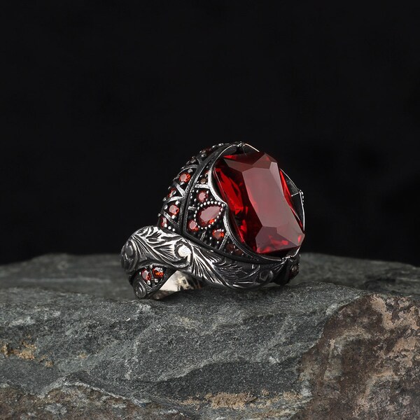 Mens Sterling Silver Garnet Stone Ring