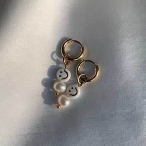 SMILEY hoop earrings | Gold Plated Earrings with Happy Face Pendant in Stainless Steel, Waterproof Gold Hoop Earrings| aesthetic essentials