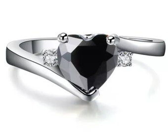 Silver Ring 2.5ct Black Engagement Ring CZ Diamond Gemstone Promise Engagement Heart Anniversary Gift For Her 925 Sterling Box