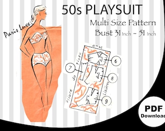 Multisize B31-B51, 50s Two Piece Beachwear, Paris Luxe Vintage Sewing Pattern, Playsuit, Plus size, Shorts, Strapless top, Bikini, Swimsuit