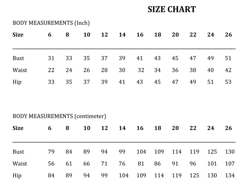 Puede incluir: Tabla de tallas para ropa con medidas en pulgadas y cent&iacute;metros. La tabla muestra las medidas de busto, cintura y cadera para las tallas 6 a 26.