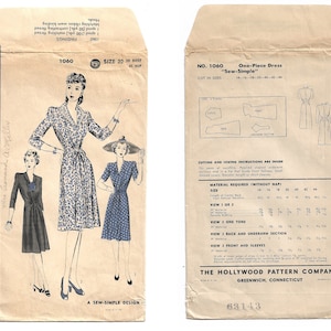 Puede incluir: Sobre de patr&oacute;n de costura vintage para un vestido de una pieza, etiquetado como "Sew-Simple" y "No. 1060". El patr&oacute;n incluye instrucciones para las tallas 14-16-18-20-40-42-44. El sobre presenta un dibujo lineal de una mujer vistiendo el vestido.