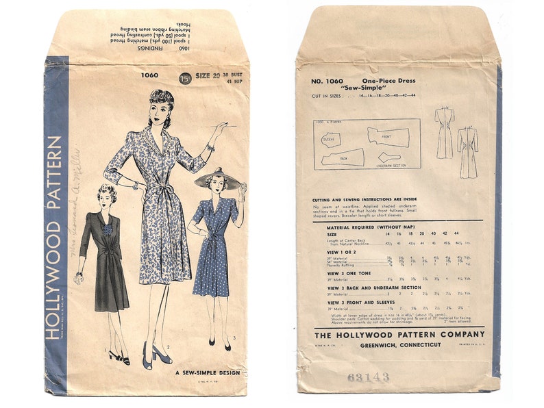 Puede incluir: Sobre de patr&oacute;n de costura vintage para un vestido de una pieza, etiquetado como "Sew-Simple" y "No. 1060". El patr&oacute;n incluye instrucciones para las tallas 14-16-18-20-40-42-44. El sobre presenta un dibujo lineal de una mujer vistiendo el vestido.