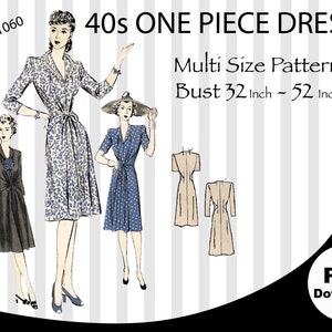 Könnte beinhalten: Ein Vintage-Schnittmuster für ein einteiliges Kleid aus den 1940er Jahren. Das Schnittmuster enthält Anweisungen für die Größen 81 bis 132 cm Brustumfang. Das Schnittmuster ist als PDF-Download erhältlich.