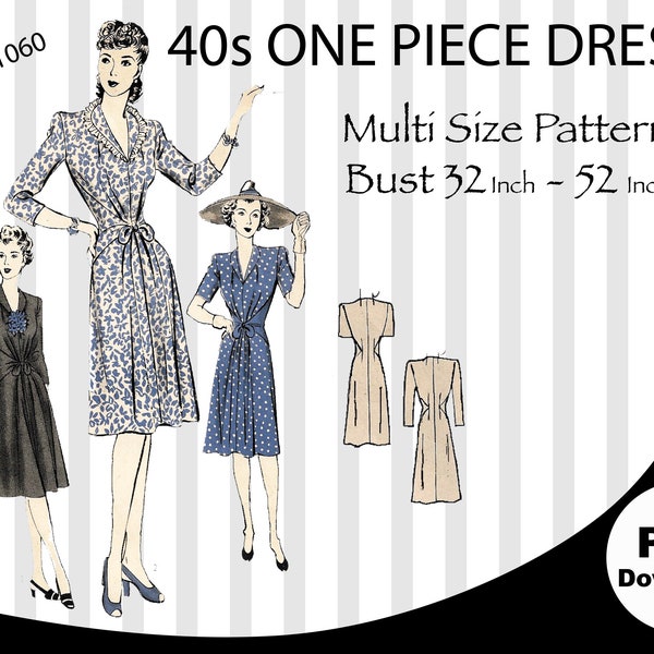 Multisize B31-B51, 40s, Hollywood Pattern 1060,  Vintage Sewing Pattern, Dress, Plus size, Vintage fashion, Vintage pattern, PDF pattern