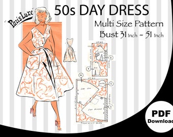 Multisize B31-B51, 50s Daydress, Paris Luxe Vintage Sewing Pattern, Dress, Plus size, Vintage fashion, Rockabilly, Vintage Dress pattern