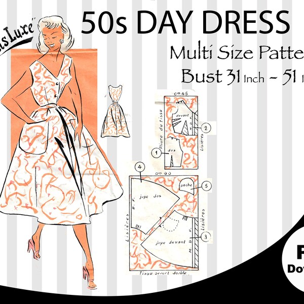 Multisize B31-B51, 50s Daydress, Paris Luxe Vintage Sewing Pattern, Dress, Plus size, Vintage fashion, Rockabilly, Vintage Dress pattern