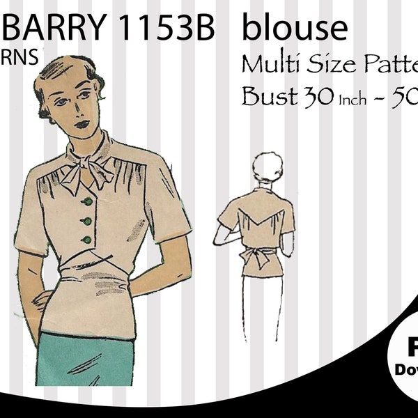 Multisize B30-B50, Du Barry Patterns 1153B, 1930s,Blouse, Vintage Pattern, 30s, Vintage Sewing Pattern, Plus size, PDF pattern