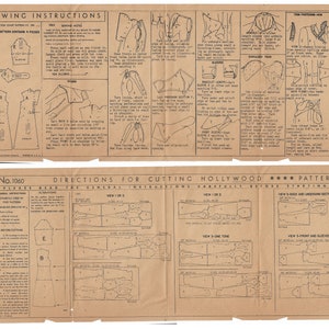 Puede incluir: Un patr&oacute;n de costura vintage para un vestido, con instrucciones y diagramas para cortar y coser. El patr&oacute;n es para la talla 1060 y es de la empresa Hollywood Pattern.