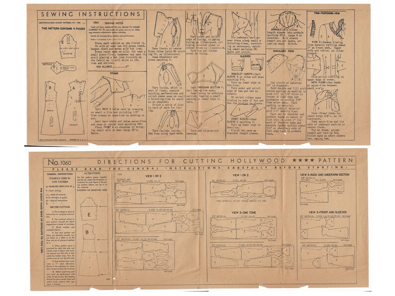 Puede incluir: Un patr&oacute;n de costura vintage para un vestido, con instrucciones y diagramas para cortar y coser. El patr&oacute;n es para la talla 1060 y es de la empresa Hollywood Pattern.