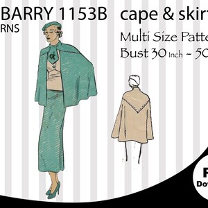 May include: A vintage sewing pattern for a cape and skirt, designed by Du Barry. The pattern is for sizes 30 to 50 inches bust. The illustration shows a woman wearing a teal cape and skirt.