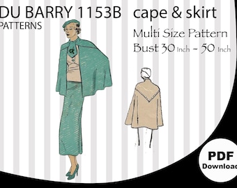 Multisize B30-B50, Du Barry Patterns 1153B, 1930s, Cape, Skirt, Vintage Pattern, 30s, Vintage Sewing Pattern, Plus size, PDF pattern