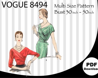 Patrón de costura vintage para blusa de tallas grandes (B30-B50), VOGUE 8494, estilo años 50, con mangas tipo kimono. Marilyn Monroe. Tallas grandes (B30-B50). Patrón en PDF.
