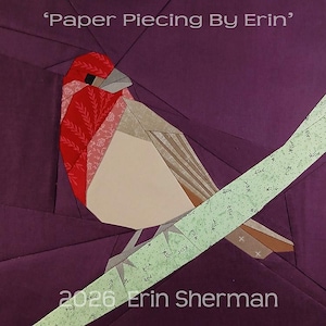 May include: A geometric patchwork bird design in red, beige, and gray, perched on a green branch against a purple background. The text "Paper Piecing By Erin" and "2026 Erin Sherman" are displayed at the top and bottom of the image.