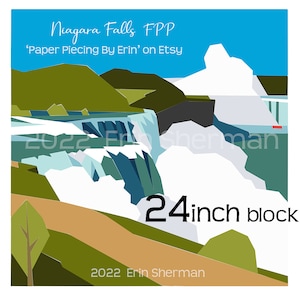 Könnte beinhalten: Ein Papier-Patchwork-Muster für einen 61 cm großen Block mit einem geometrischen Design der Niagarafälle. Das Muster trägt den Titel "Niagara Falls FPP" und enthält den Text "'Paper Piecing By Erin' on Etsy".