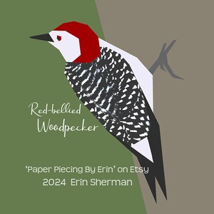 May include: A digital illustration of a red-bellied woodpecker perched on a branch. The bird is depicted in a geometric style with black and white markings on its body and a red head. The background is a split green and brown color. The text 'Red-bellied Woodpecker' is written below the bird. The text 'Paper Piecing By Erin' on Etsy 2024 Erin Sherman' is written below the bird.