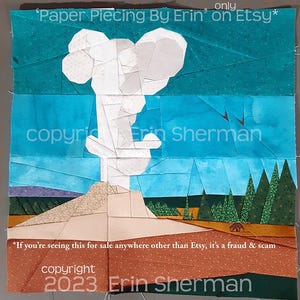 May include: A fabric quilt block featuring a paper-pieced design of a white geyser erupting against a teal sky. The landscape includes a tan rocky base, green pine trees, and a brown foreground. Text reads Paper Piecing By Erin on Etsy.