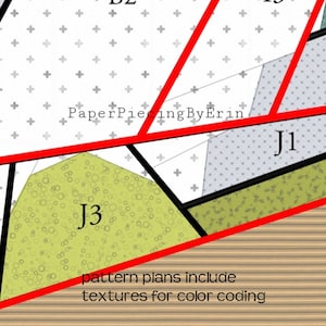 以下が含まれることがあります： B2、I3、J1、J3とラベル付けされた幾何学的なセクションを備えたペーパーピーシングパターン。デザインには、プラス記号、円、葉、ストライプなどのさまざまなテクスチャが含まれています。テキストにはPaperPiecingByErinおよびpattern plans include textures for color codingと記載されています。