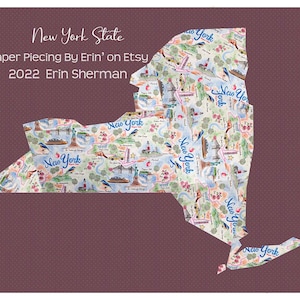 May include: A white outline of the state of New York filled with a pattern of watercolour illustrations of New York landmarks and the text "New York" repeated throughout. The background is a solid maroon colour.