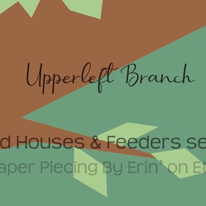 Könnte beinhalten: Ein abstrakter Hintergrund in Grün und Braun mit dem Text "Upperleft Branch Bird Houses & Feeders series 'Paper Piecing By Erin' on Etsy"