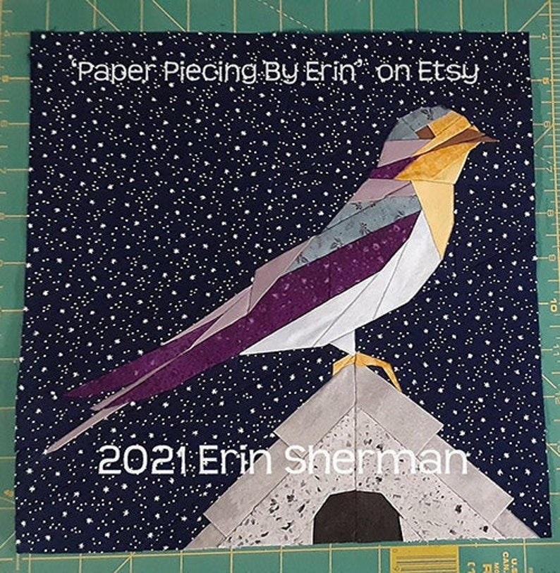 Puede incluir: Un bloque de acolchado de papel con un p&aacute;jaro morado y blanco posado en un techo gris sobre un fondo azul oscuro con estrellas blancas. El bloque est&aacute; titulado "Paper Piecing By Erin' on Etsy" y firmado "2021 Erin Sherman".