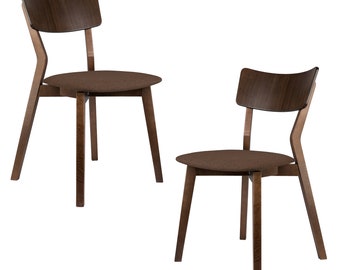 Scandinavian Birch Hardwood Dining Side Chair Minkar with Solid Back and Linen Fabric Seat, Set of 2, Walnut/Coffee Finish