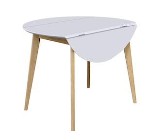 Orion Drop Leaf 40-inch Round Dining Table / True Scandinavian Contemporary from Solid Baltic Birch Wood / Oak-White finish