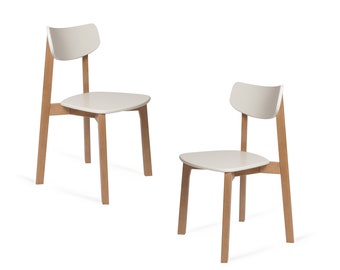 Scandinavian Birch Hardwood Dining Side Chair Vega with Solid Curved Back and Hard Seat, Set of 2, White/Natural Brown Finish