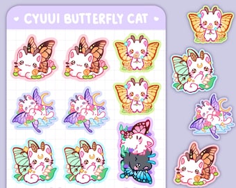 Hoja de calcomanías lindas con forma de gato y mariposa