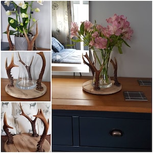 Wooden  candle holder plant /vase stand . solid oak with antlers rustic bespoke handmade .vases/plants etc not included.