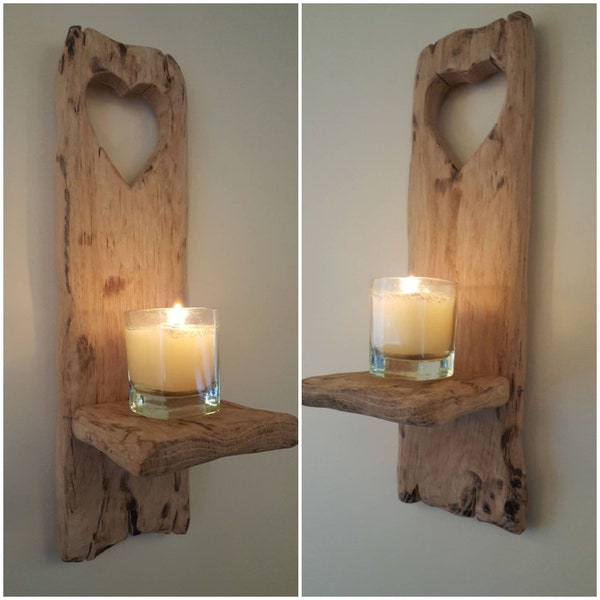 Wooden candle sconces. PAIR of Rustic solid oak wall sconces handmade with heart cut out detail . Size 30 x 12candles/glass etc not included