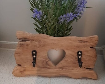 Wooden key holder .Rustic oak key holder with heart cut out