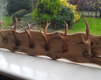 Solid oak and real deer antler 6 hook coat rack .handmade natural wood finish .