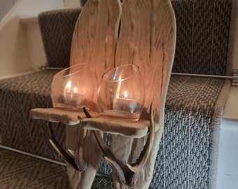 PAIR of handmade solid oak  and real deer antler rustic candle sconces . Height 48 cm , Width 11 cm . CANDLES /GLASS not included .