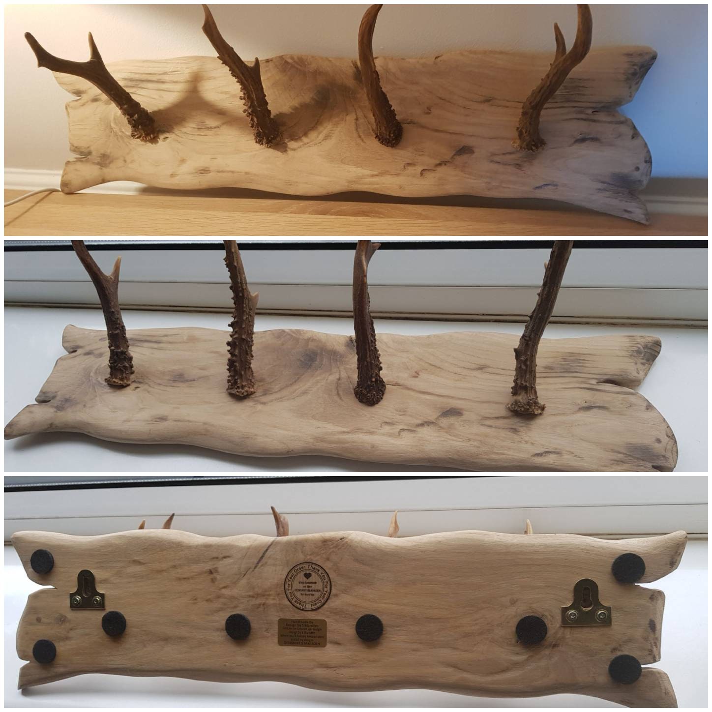 Coat rack solid oak and real deer antler .Handmade rustic . Etsy