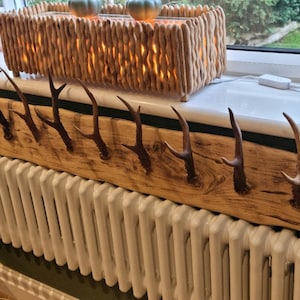 May include: A long, rectangular piece of light-coloured, textured wood mounted horizontally, featuring nine dark brown, curved deer antlers attached in a row along the front surface, serving as a functional rack for hanging various items.