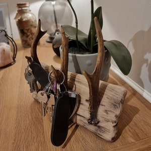 May include: A key holder made from a piece of driftwood with two antler points attached. The antler points are used to hold keys. The key holder is sitting on a wooden surface.