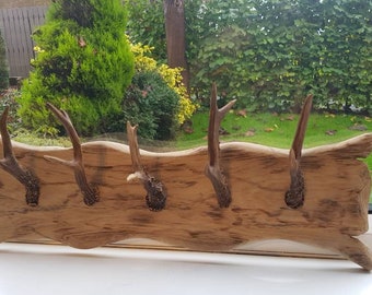 Solid handmade oak and real deer antler rustic coat rack with 5 antlers